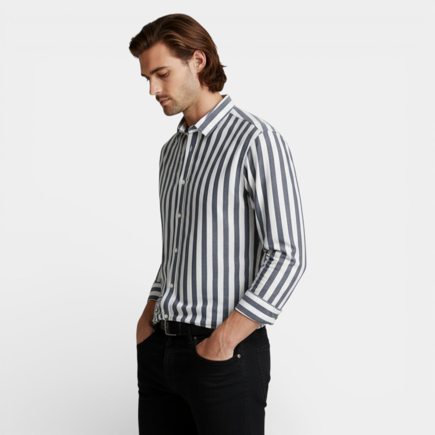 Striped Button-Up Shirt Long Sleeve Regular Fit for Men