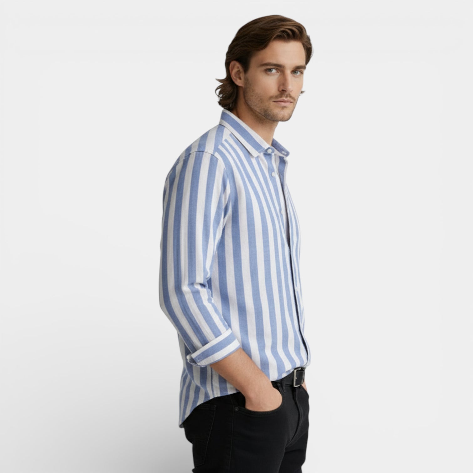 Striped Button-Up Shirt Long Sleeve Regular Fit for Men