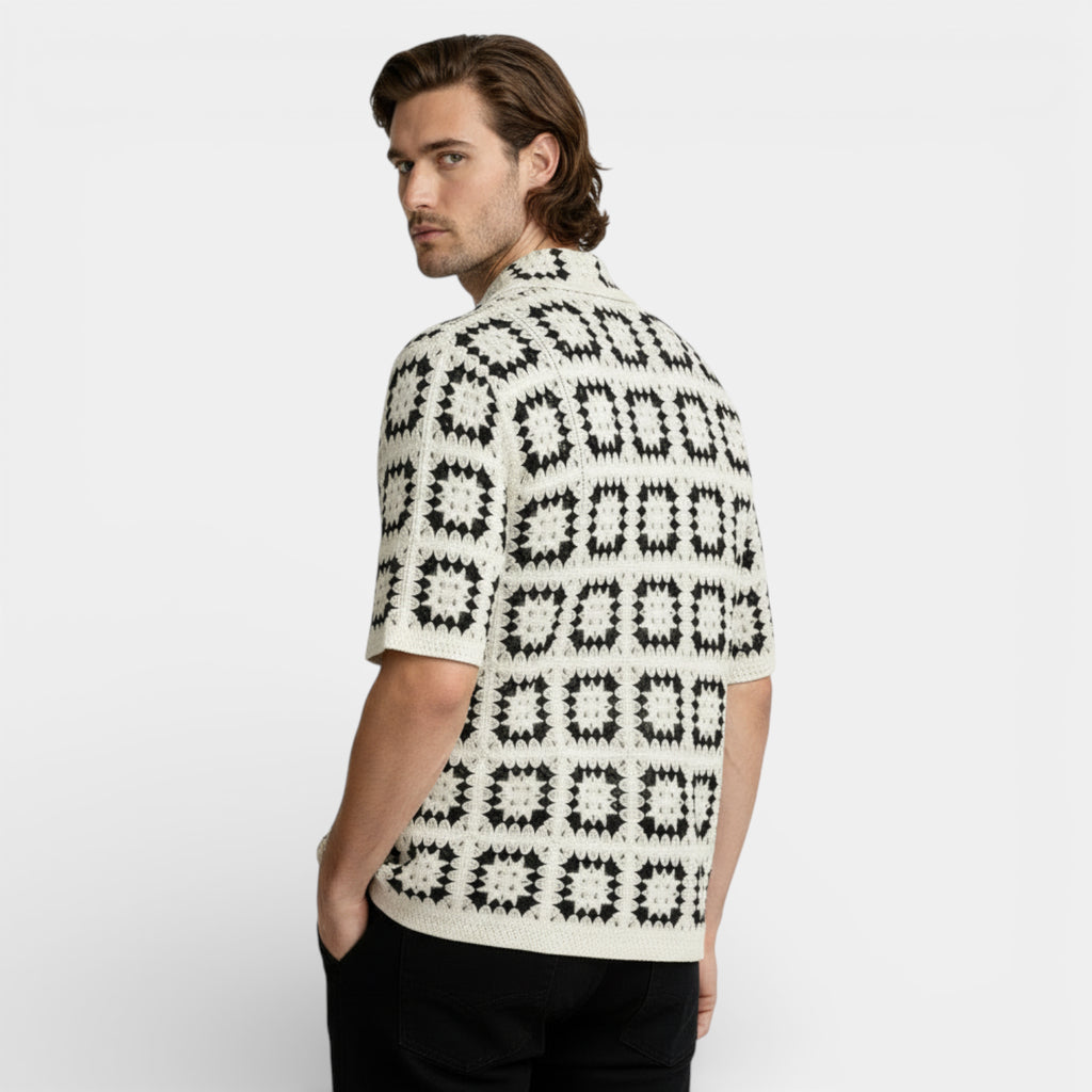 Short Sleeve Knit Shirt Square Pattern Button-Up for Men