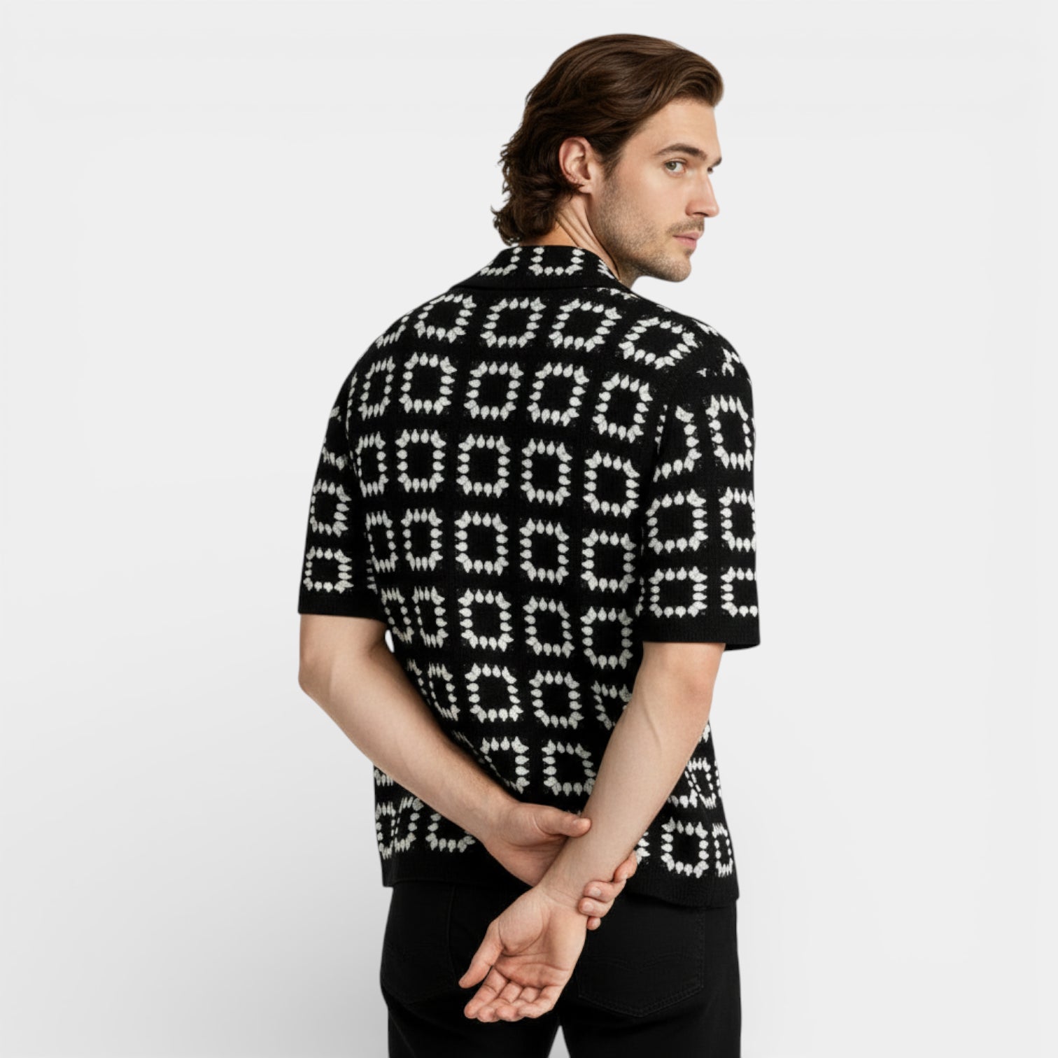 Short Sleeve Knit Shirt Square Pattern Button-Up for Men