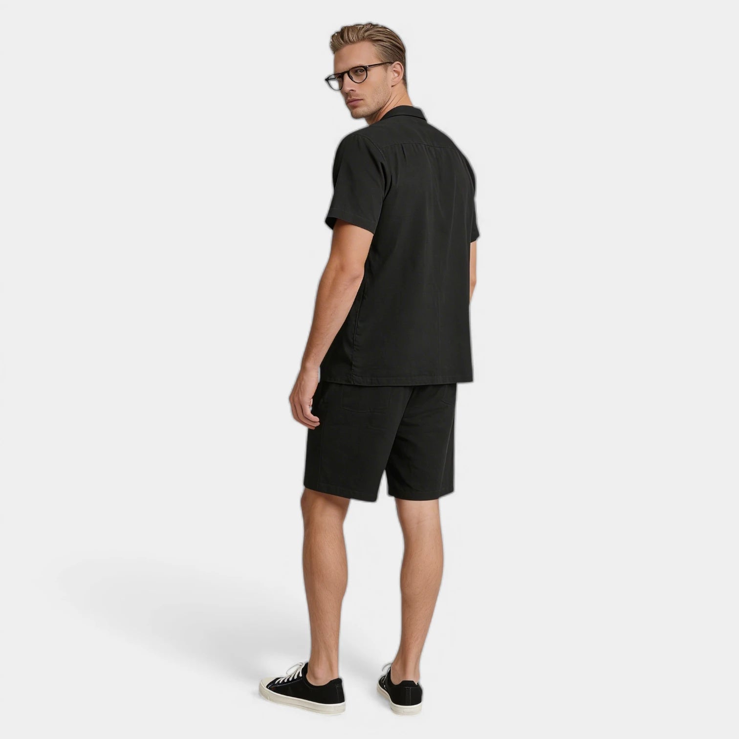 Short Sleeve Button-Up Shirt Drawstring Shorts Set for Men