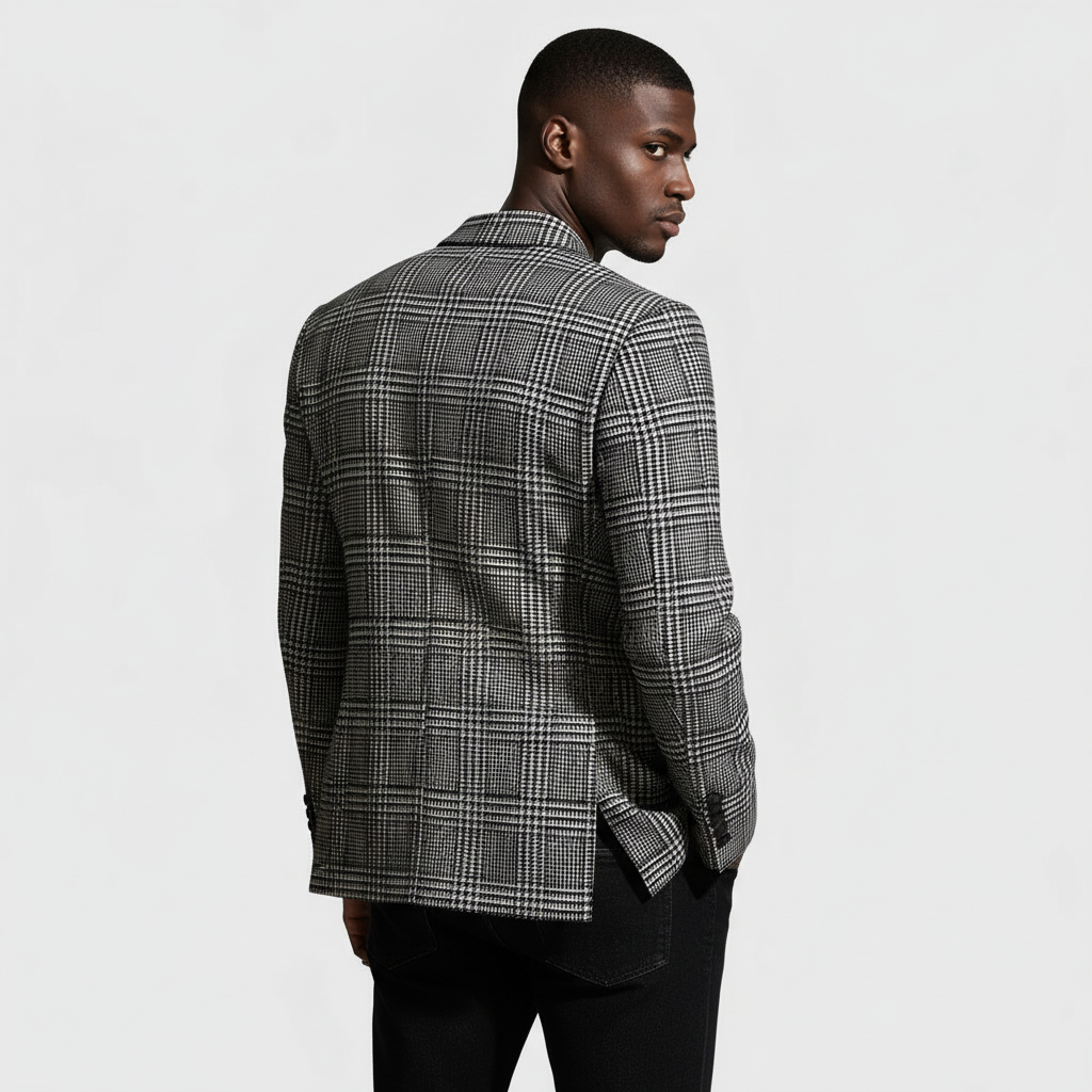 Plaid Double-Breasted Blazer Tailored Fit for Men