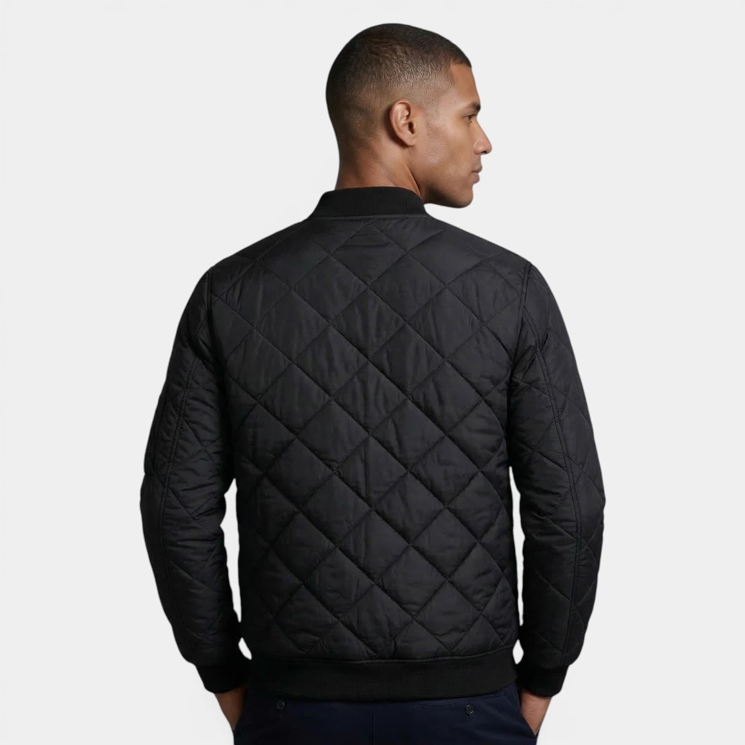 Quilted Zip-Up Bomber Jacket Ribbed Regular Fit for Men