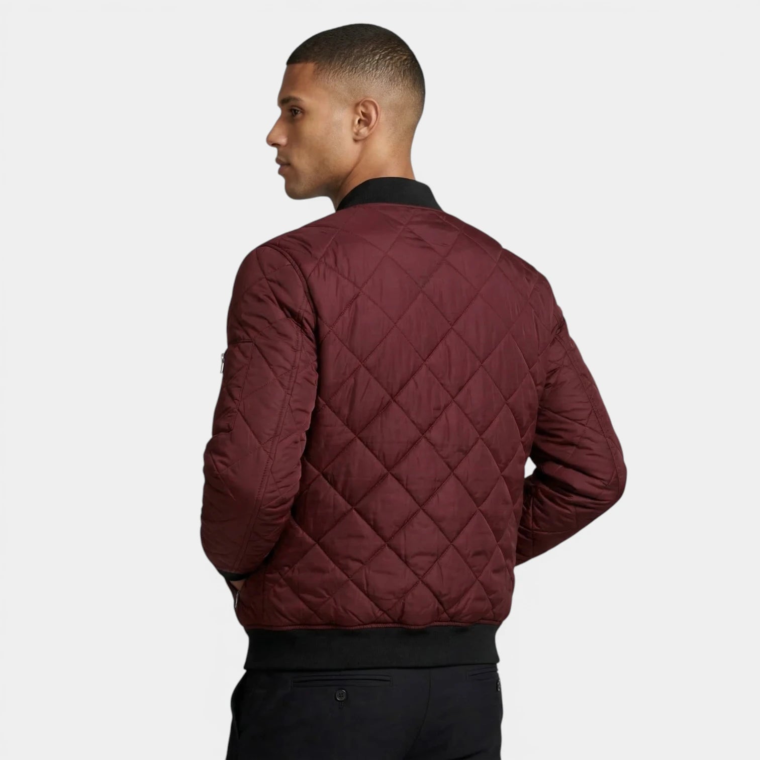 Quilted Zip-Up Bomber Jacket Ribbed Regular Fit for Men