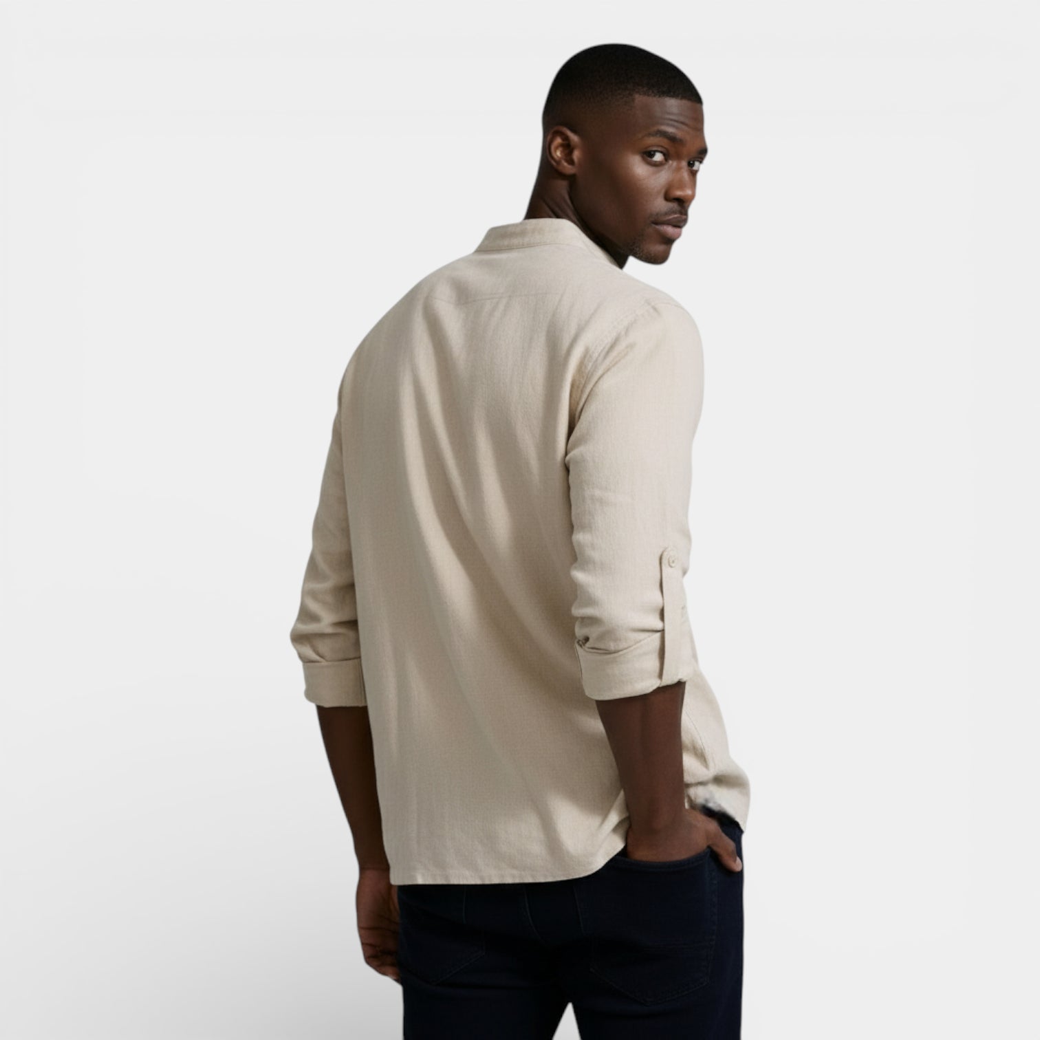 Lace-Up Band Collar Shirt Long Sleeve for Men