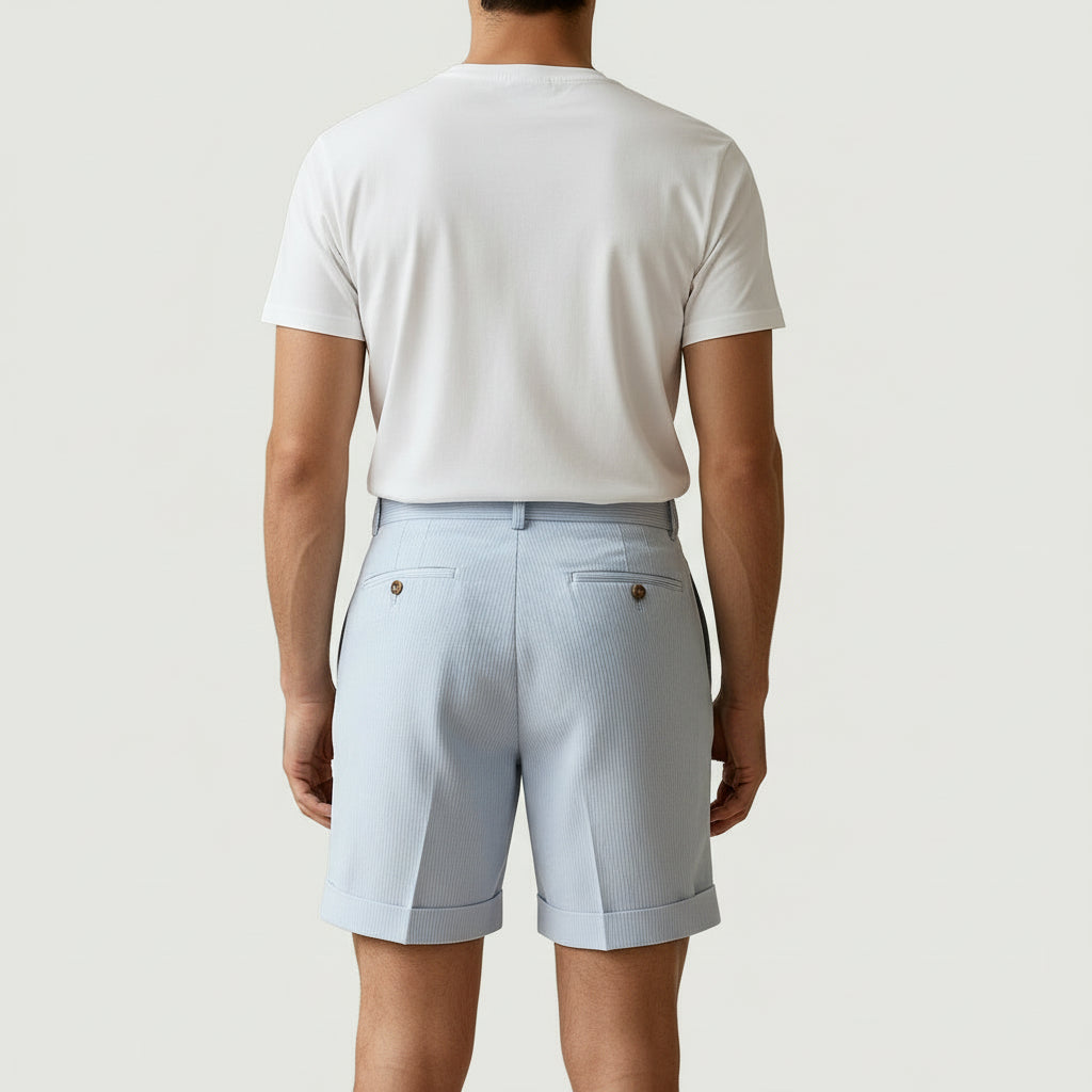 Pleated Shorts Striped Texture Side Adjuster Relaxed Fit for Men