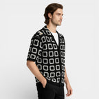 Short Sleeve Knit Shirt Square Pattern Button-Up for Men