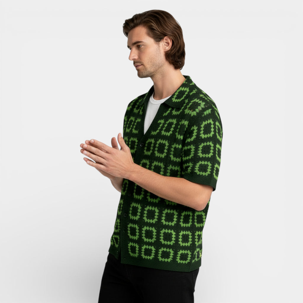 Short Sleeve Knit Shirt Square Pattern Button-Up for Men