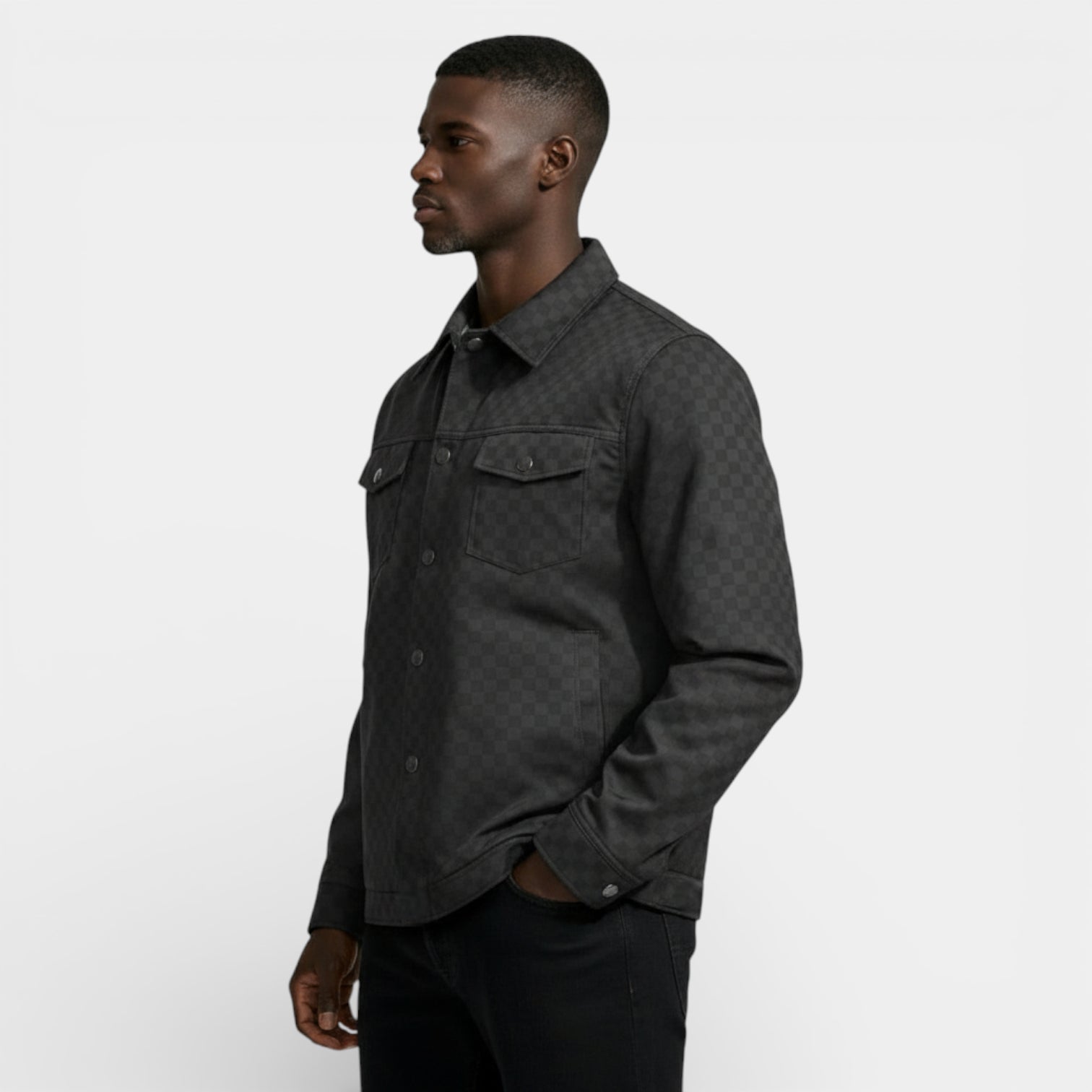 Checkered Texture Shirt Jacket Snap-Button Regular Fit for Men