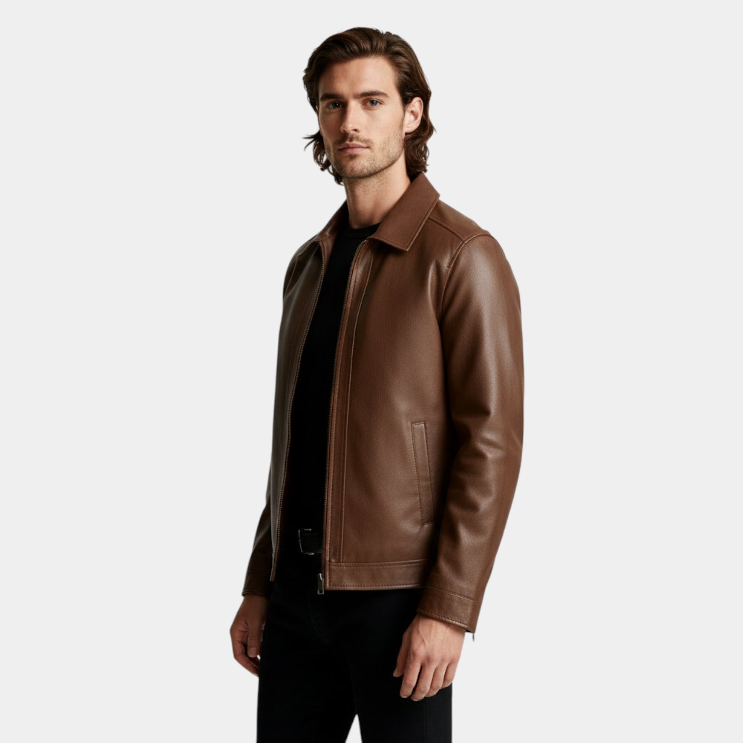 Zip-Front Vegan Leather Jacket Regular Fit for Men