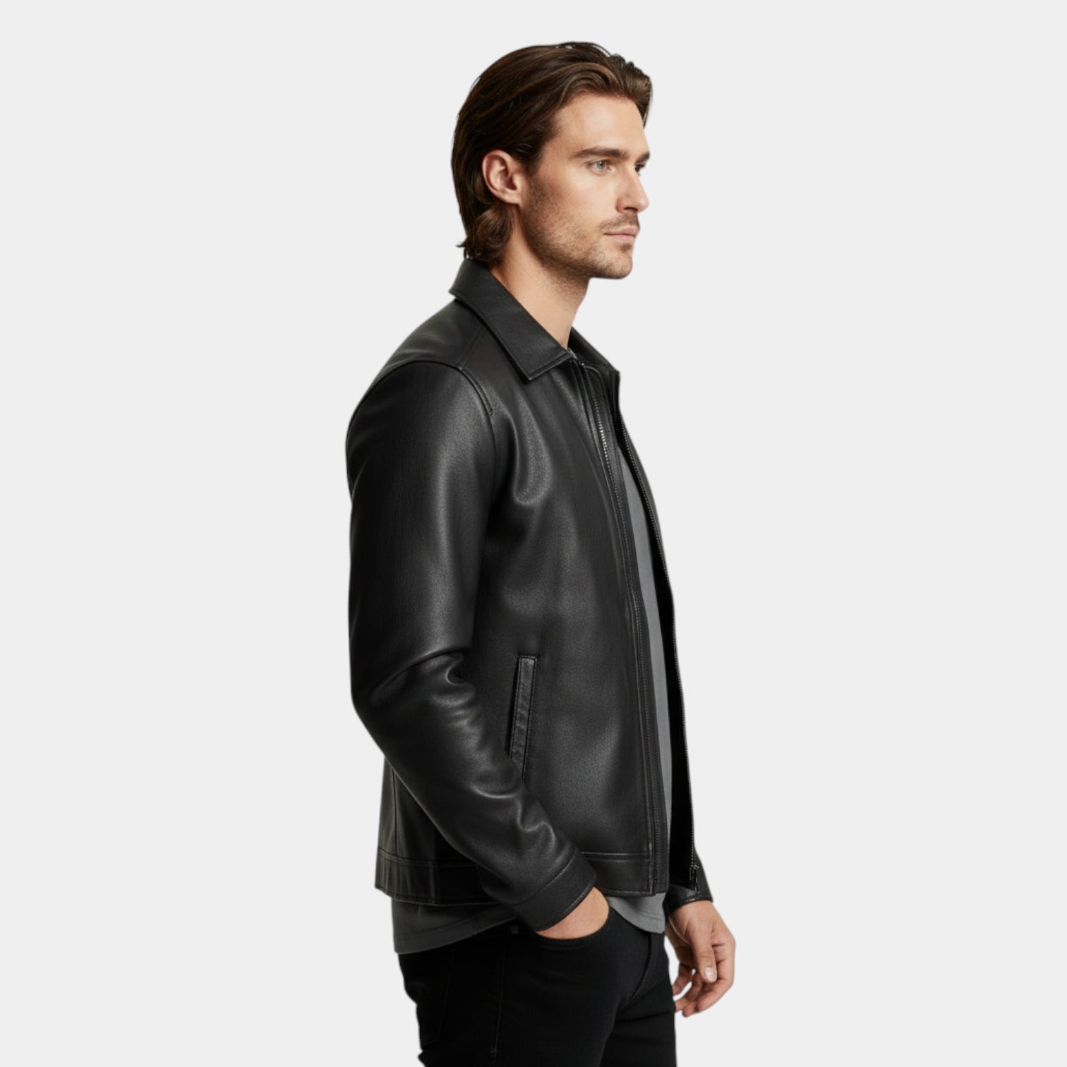 Zip-Front Vegan Leather Jacket Regular Fit for Men