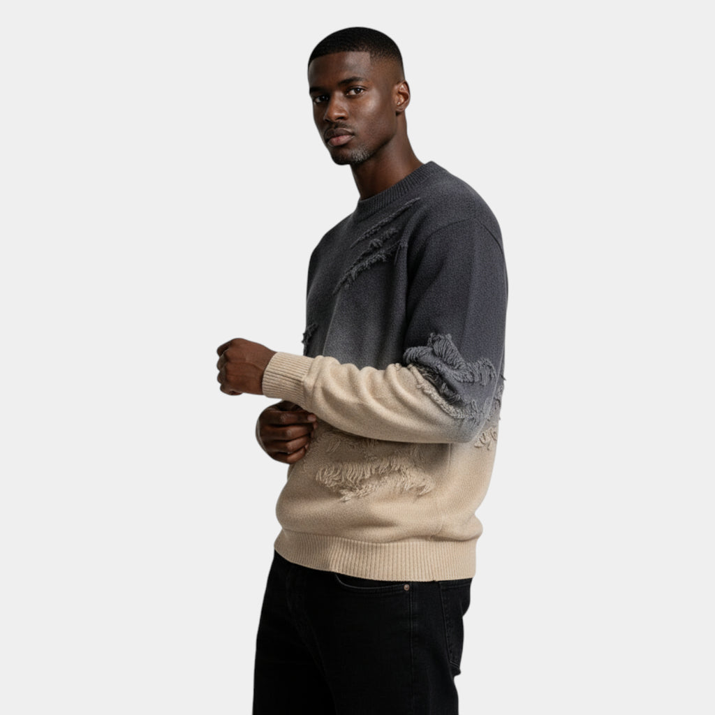 Distressed Ombre Crewneck Knit Sweater Regular Fit for Men