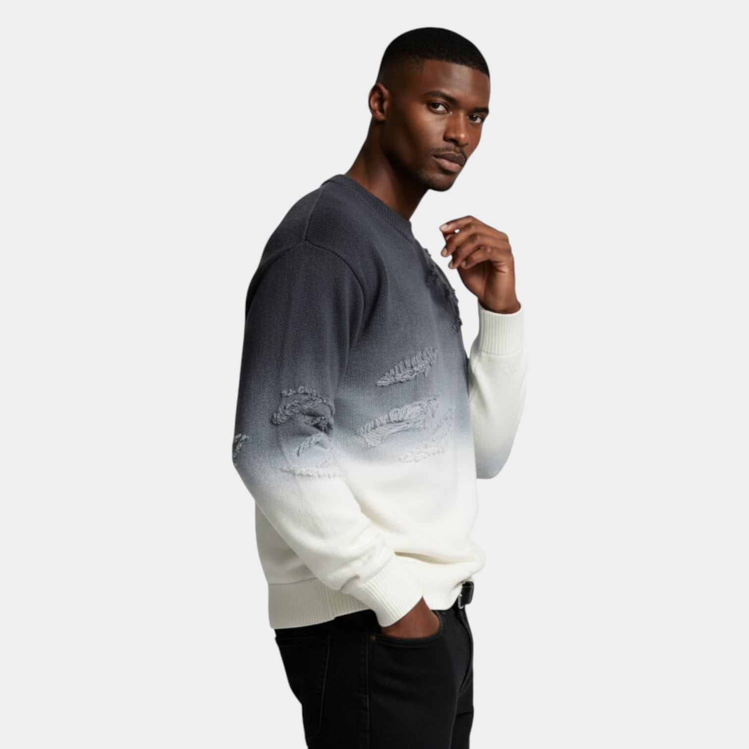 Distressed Ombre Crewneck Knit Sweater Regular Fit for Men