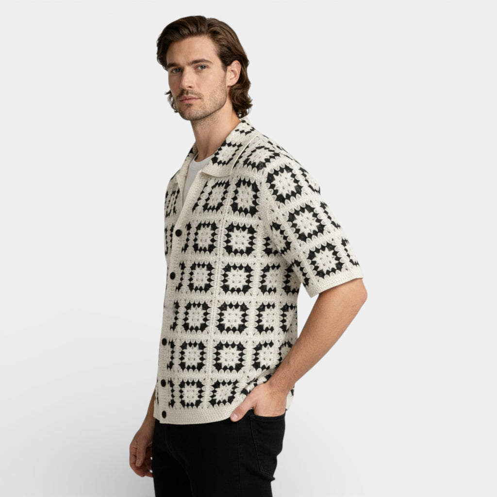Short Sleeve Knit Shirt Square Pattern Button-Up for Men