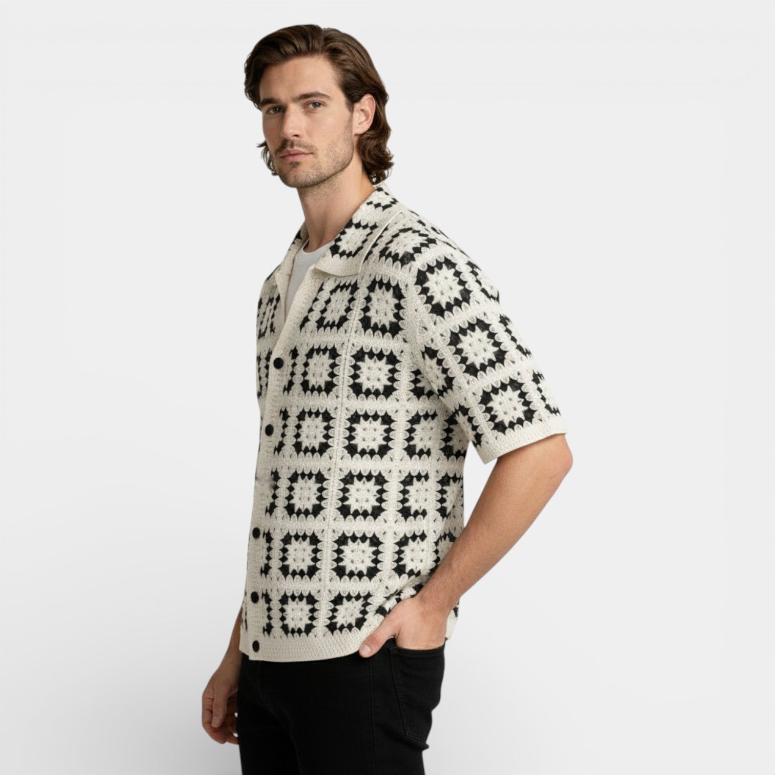 Short Sleeve Knit Shirt Square Pattern Button-Up for Men