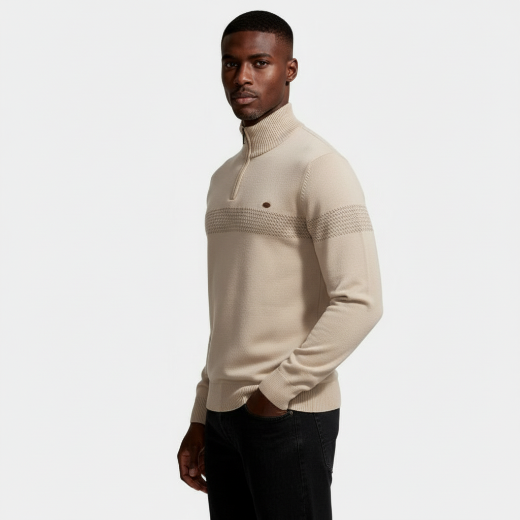 Quarter-Zip Knit Sweater Contrast Stripe Regular Fit for Men
