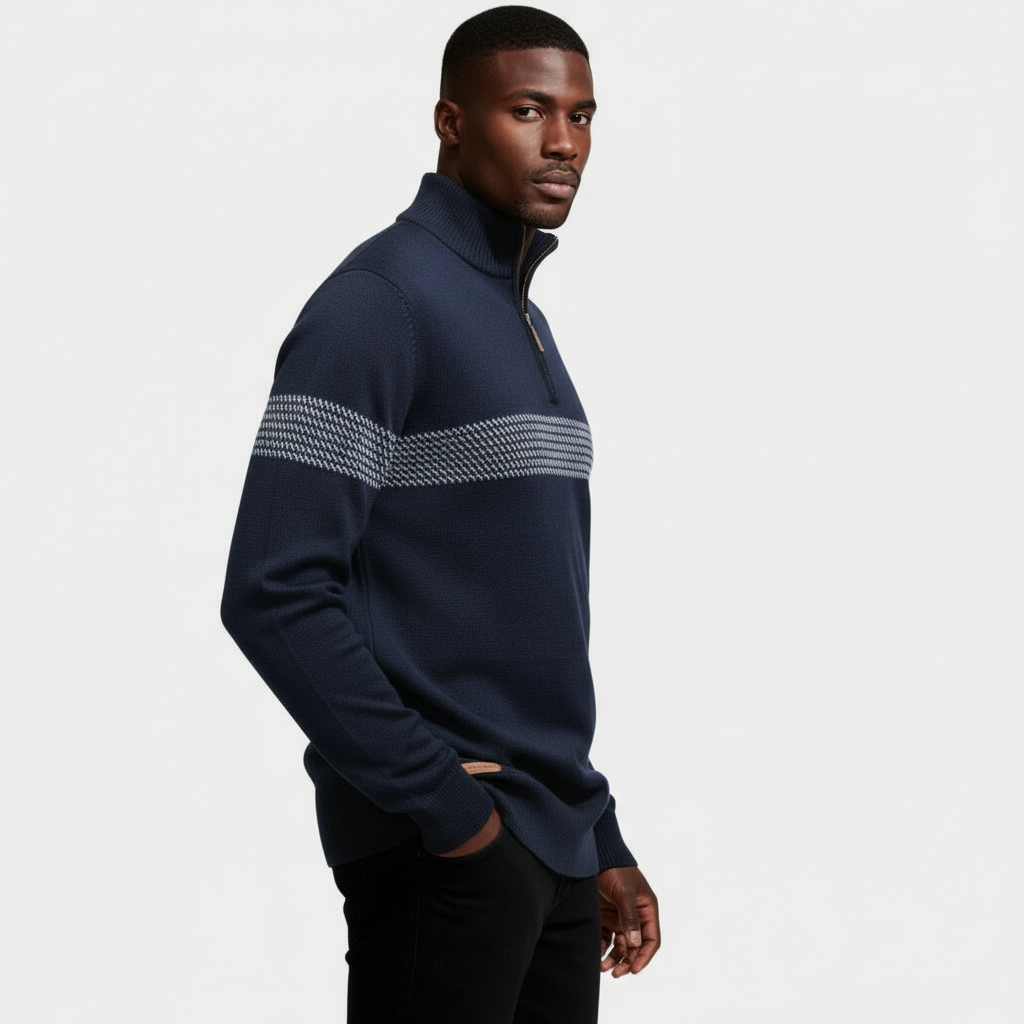 Quarter-Zip Knit Sweater Contrast Stripe Regular Fit for Men