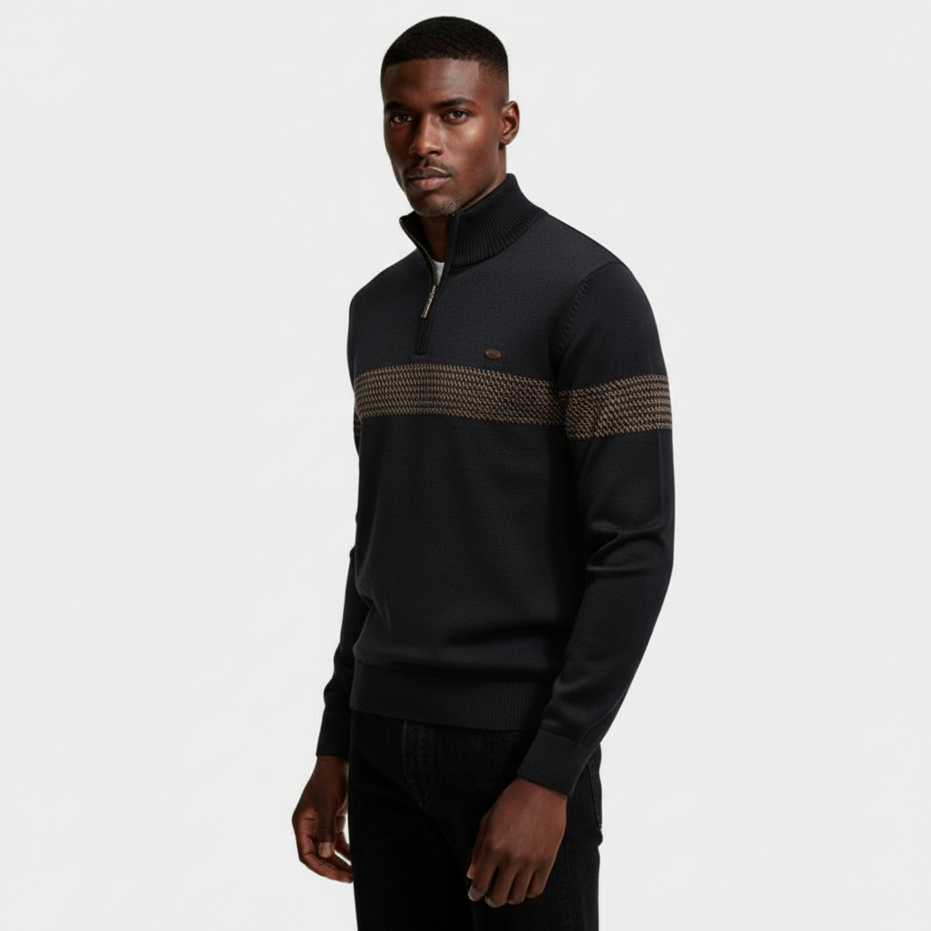 Quarter-Zip Knit Sweater Contrast Stripe Regular Fit for Men