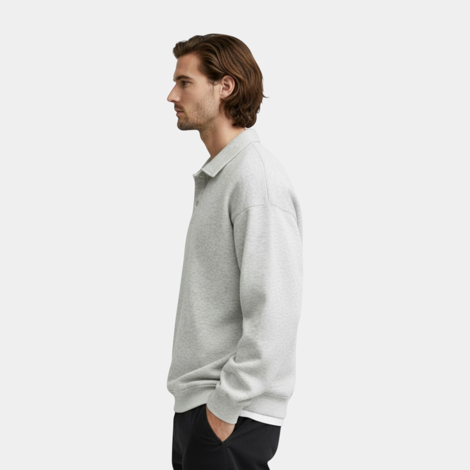 Long Sleeve Polo Pullover Ribbed Cuffs Relaxed Fit for Men