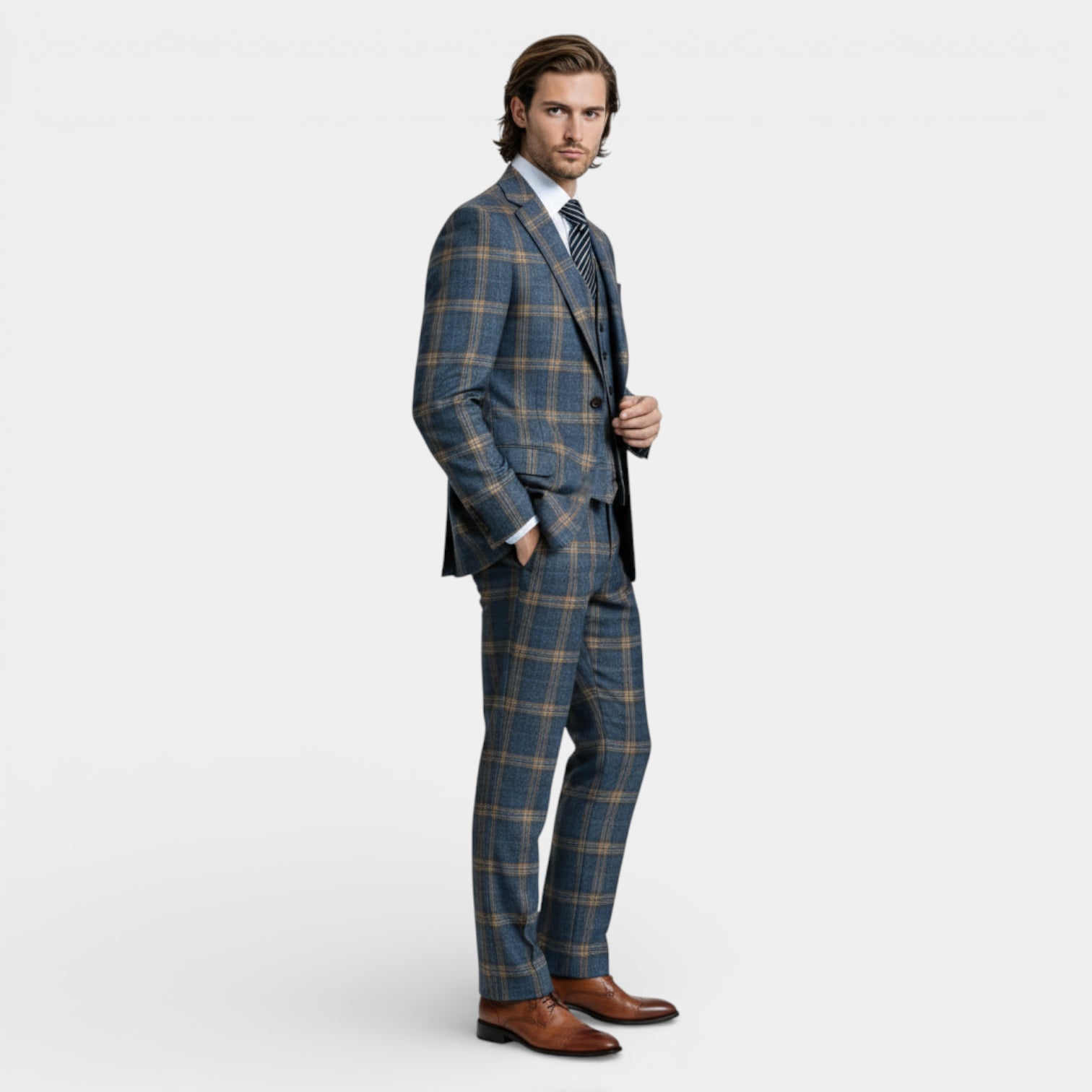 Three Piece Checked Suit Regular Fit Blazer Vest for Men