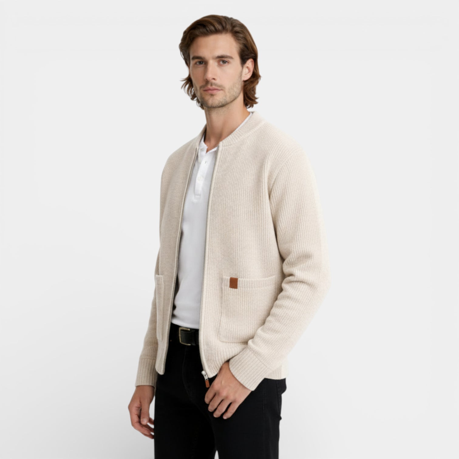 Zip-Up Rib Knit Cardigan Jacket Regular Fit for Men