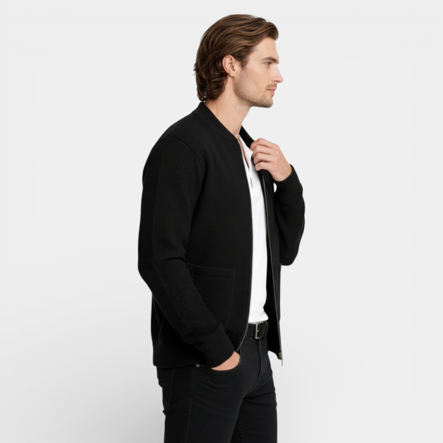 Zip-Up Rib Knit Cardigan Jacket Regular Fit for Men