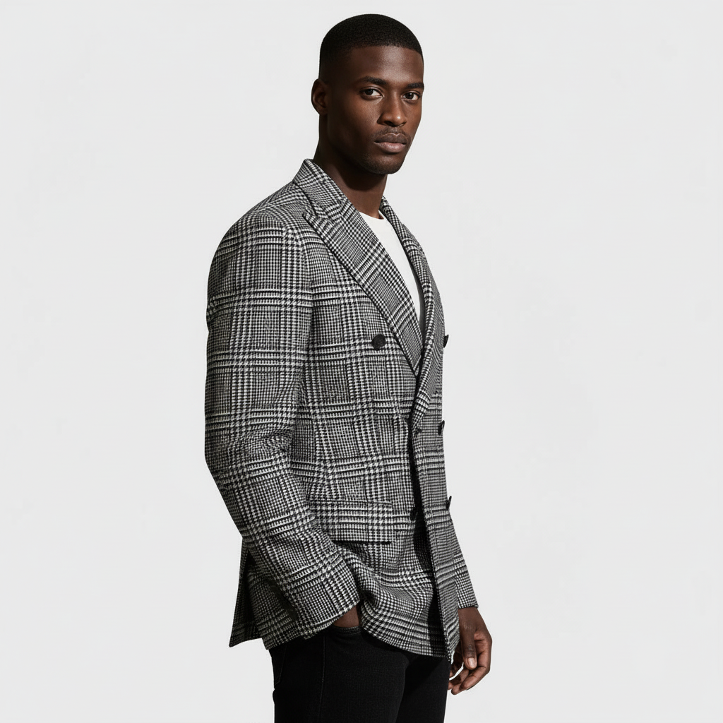 Plaid Double-Breasted Blazer Tailored Fit for Men