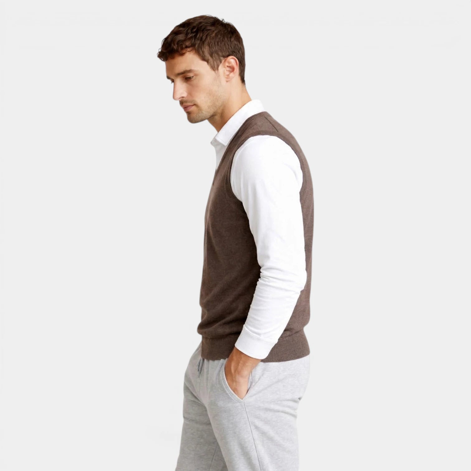 V-Neck Knit Sweater Vest Ribbed Trim Regular Fit for Men