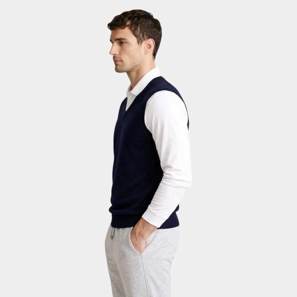 V-Neck Knit Sweater Vest Ribbed Trim Regular Fit for Men