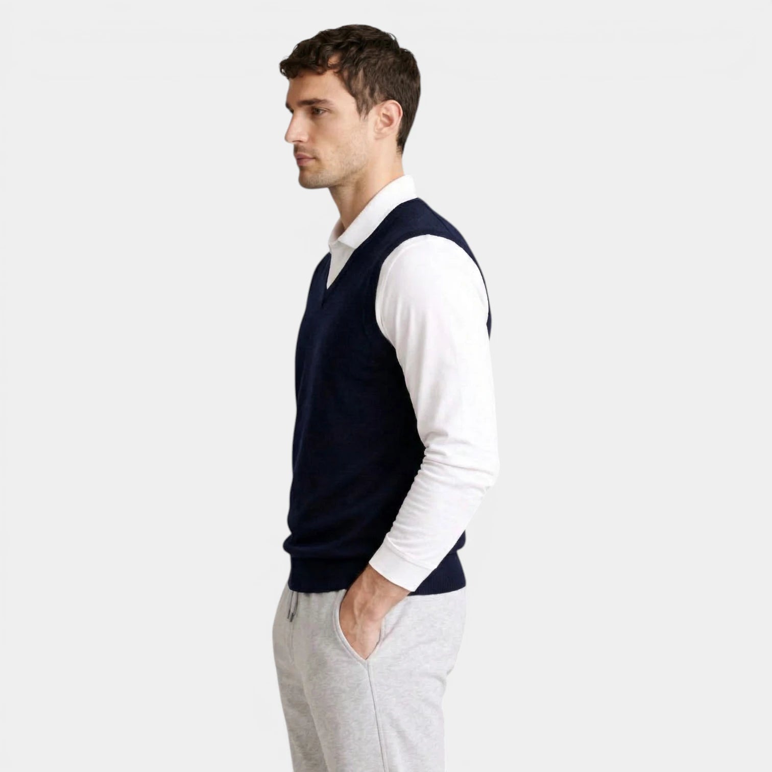 V-Neck Knit Sweater Vest Ribbed Trim Regular Fit for Men