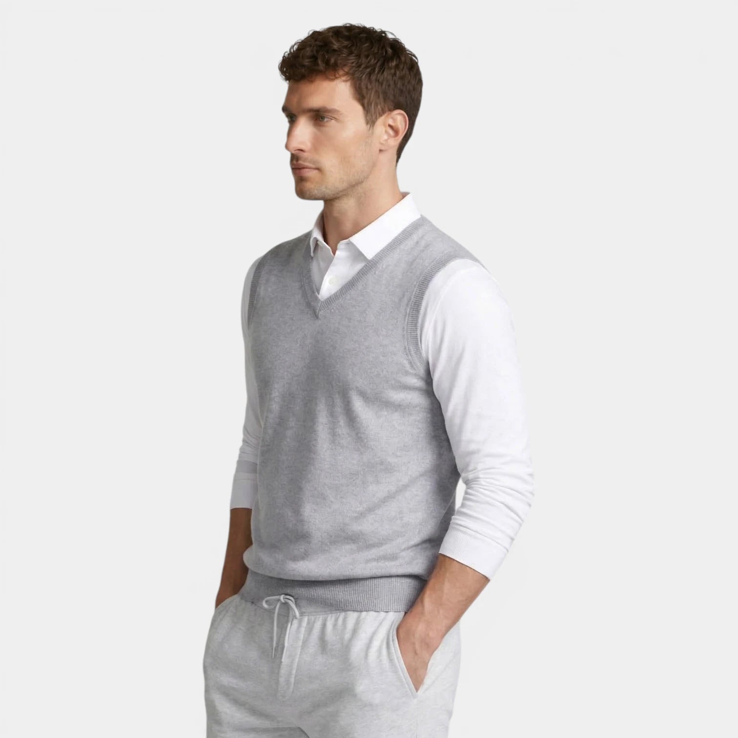 V-Neck Knit Sweater Vest Ribbed Trim Regular Fit for Men
