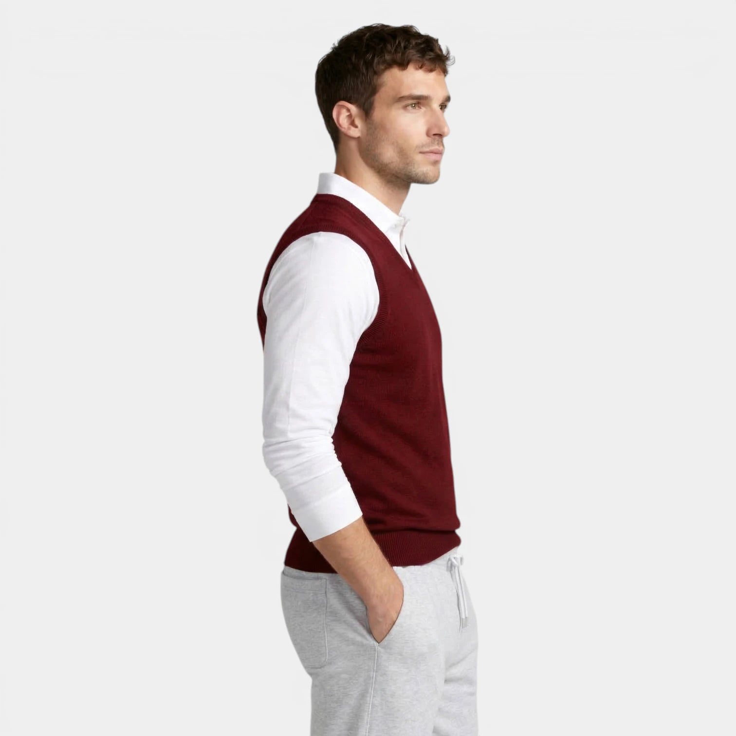V-Neck Knit Sweater Vest Ribbed Trim Regular Fit for Men