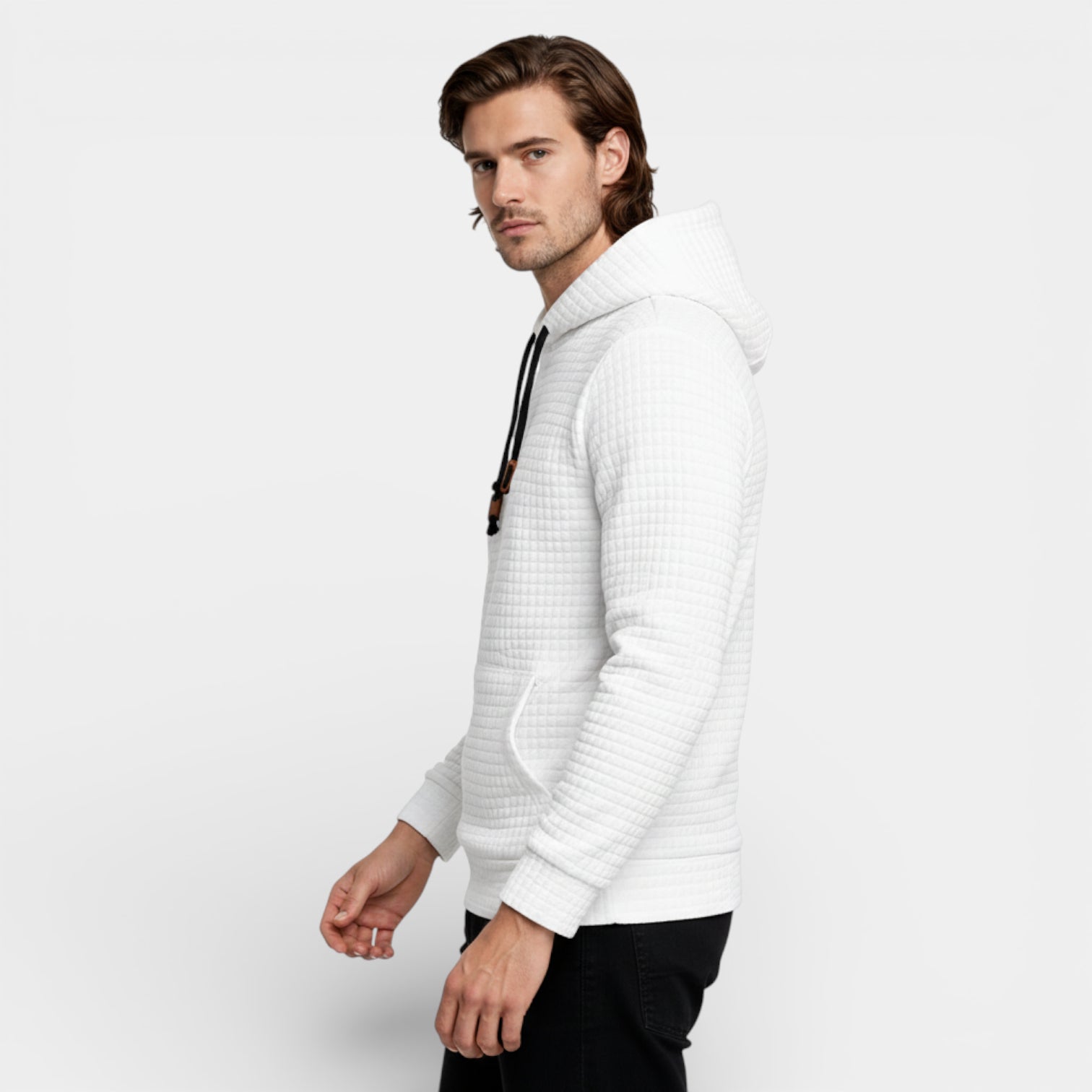 Waffle Texture Hooded Pullover Sweatshirt Regular Fit for Men