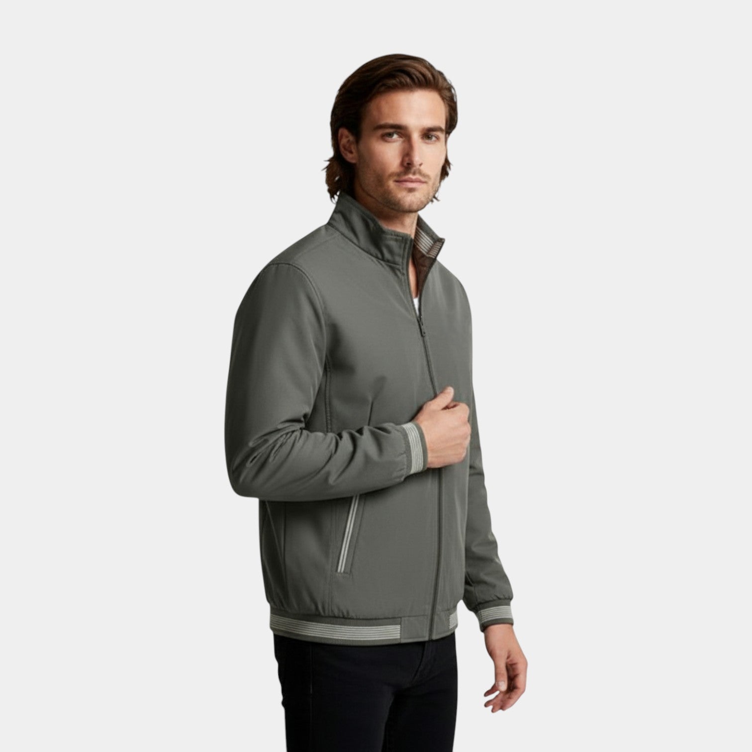Zip-Up Stand Collar Jacket Ribbed Trim for Men