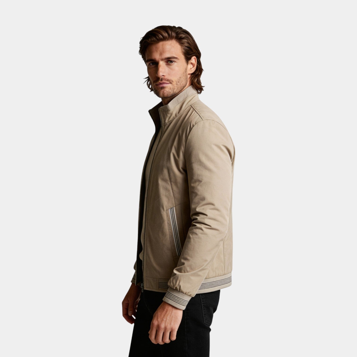 Zip-Up Stand Collar Jacket Ribbed Trim for Men
