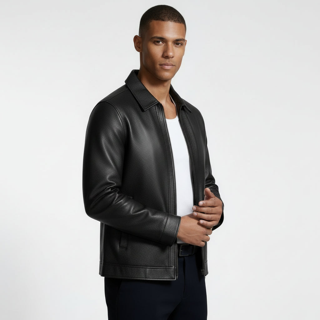 Zip Front Leather Look Jacket Regular Fit for Men