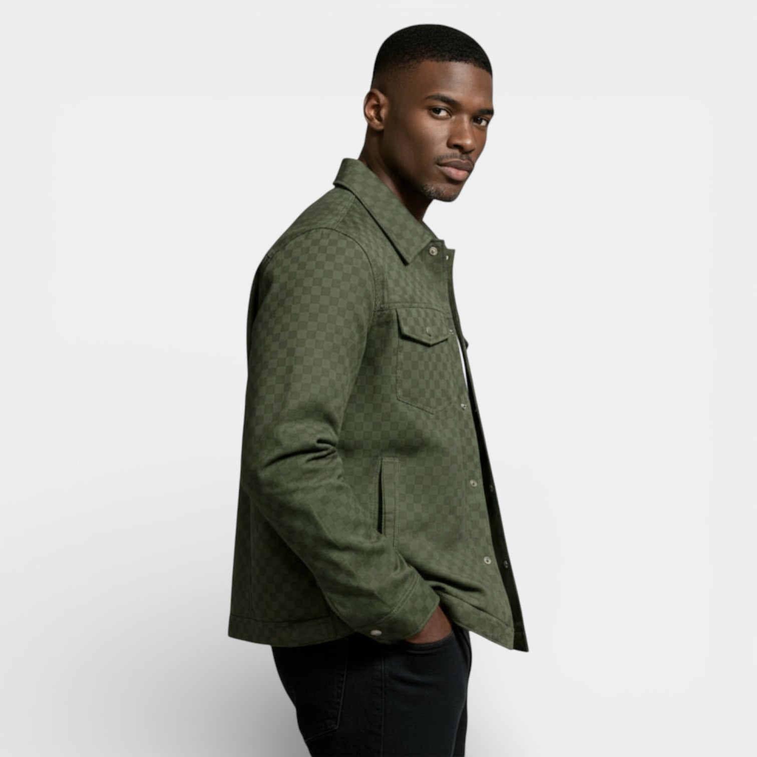 Checkered Texture Shirt Jacket Snap-Button Regular Fit for Men