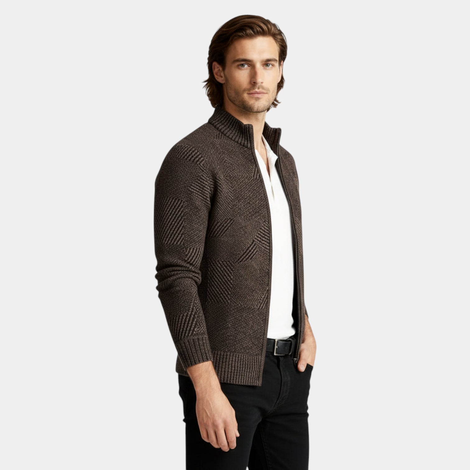 Zip-Front Knit Jacket Stand Collar Regular Fit for Men