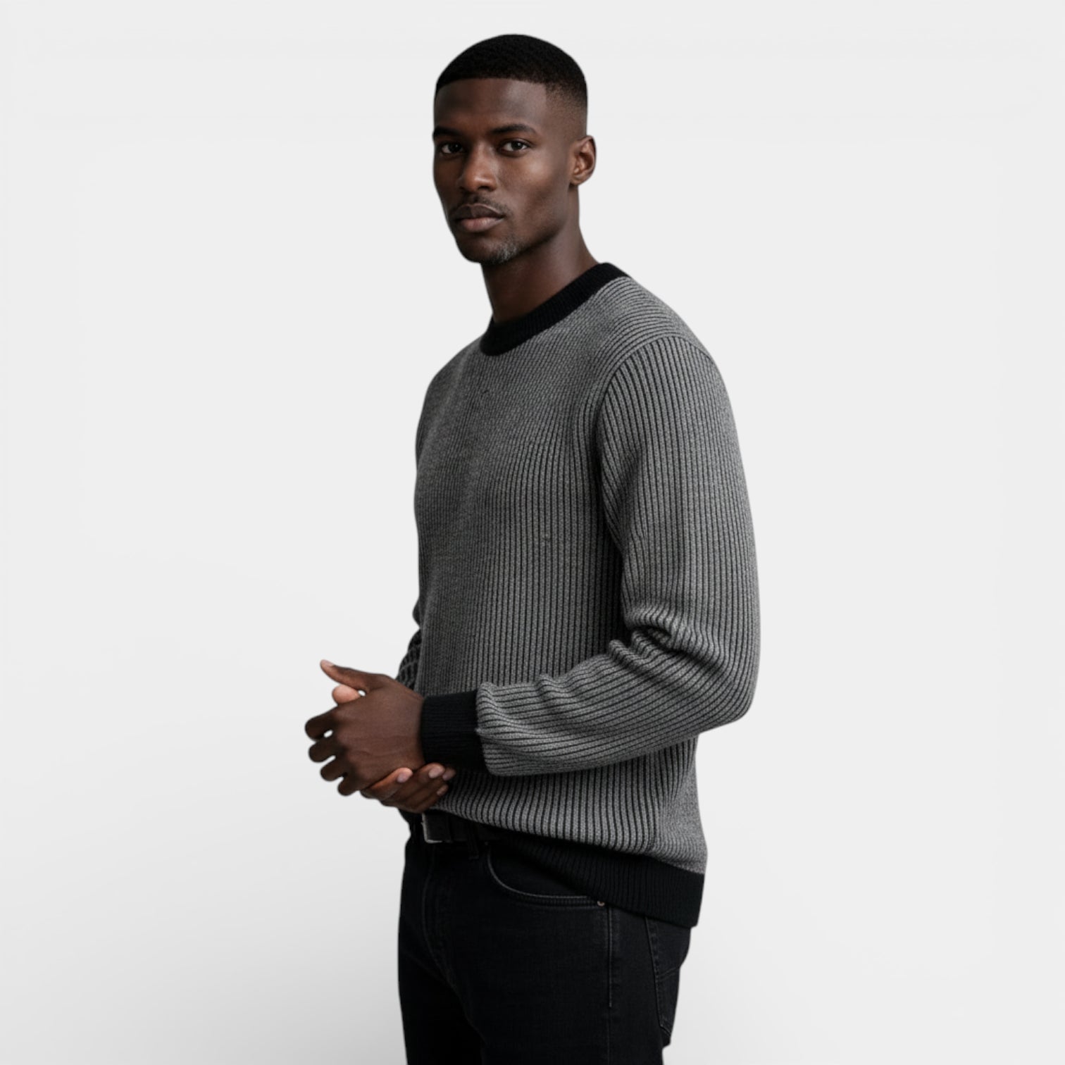 Relaxed Fit Ribbed Knit Crew Neck Sweater for Men