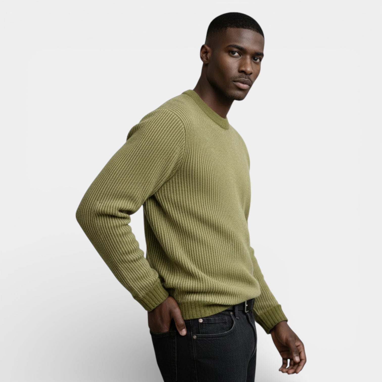 Relaxed Fit Ribbed Knit Crew Neck Sweater for Men