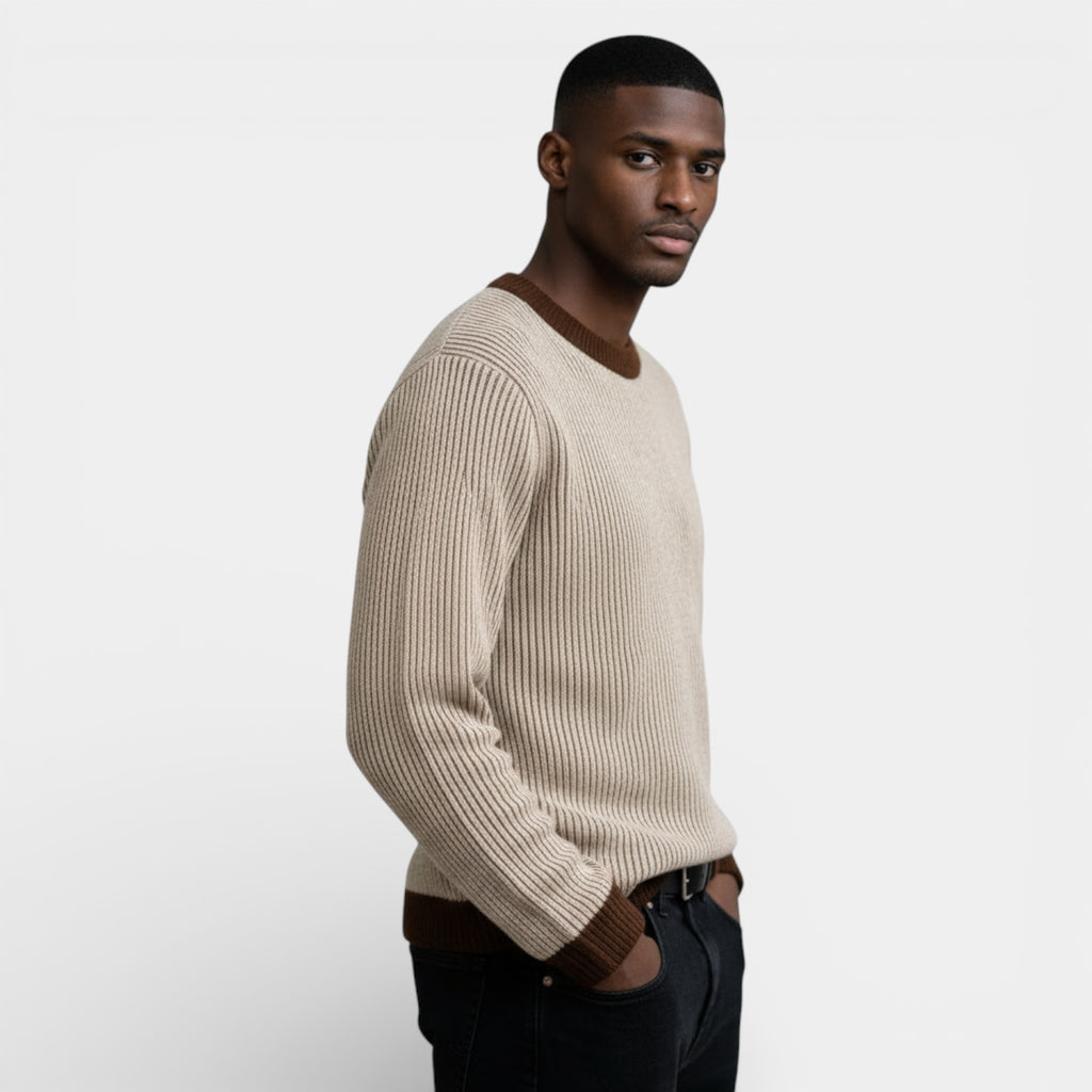 Relaxed Fit Ribbed Knit Crew Neck Sweater for Men