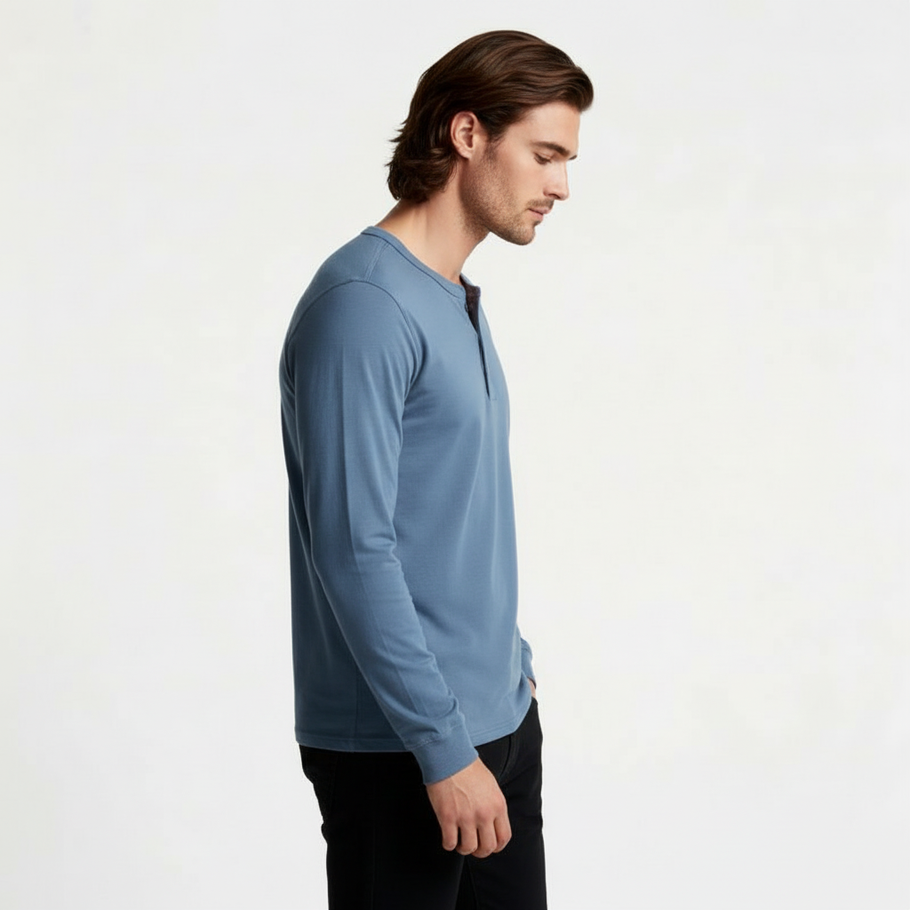 Long Sleeve Henley Shirt Button Placket Regular Fit for Men