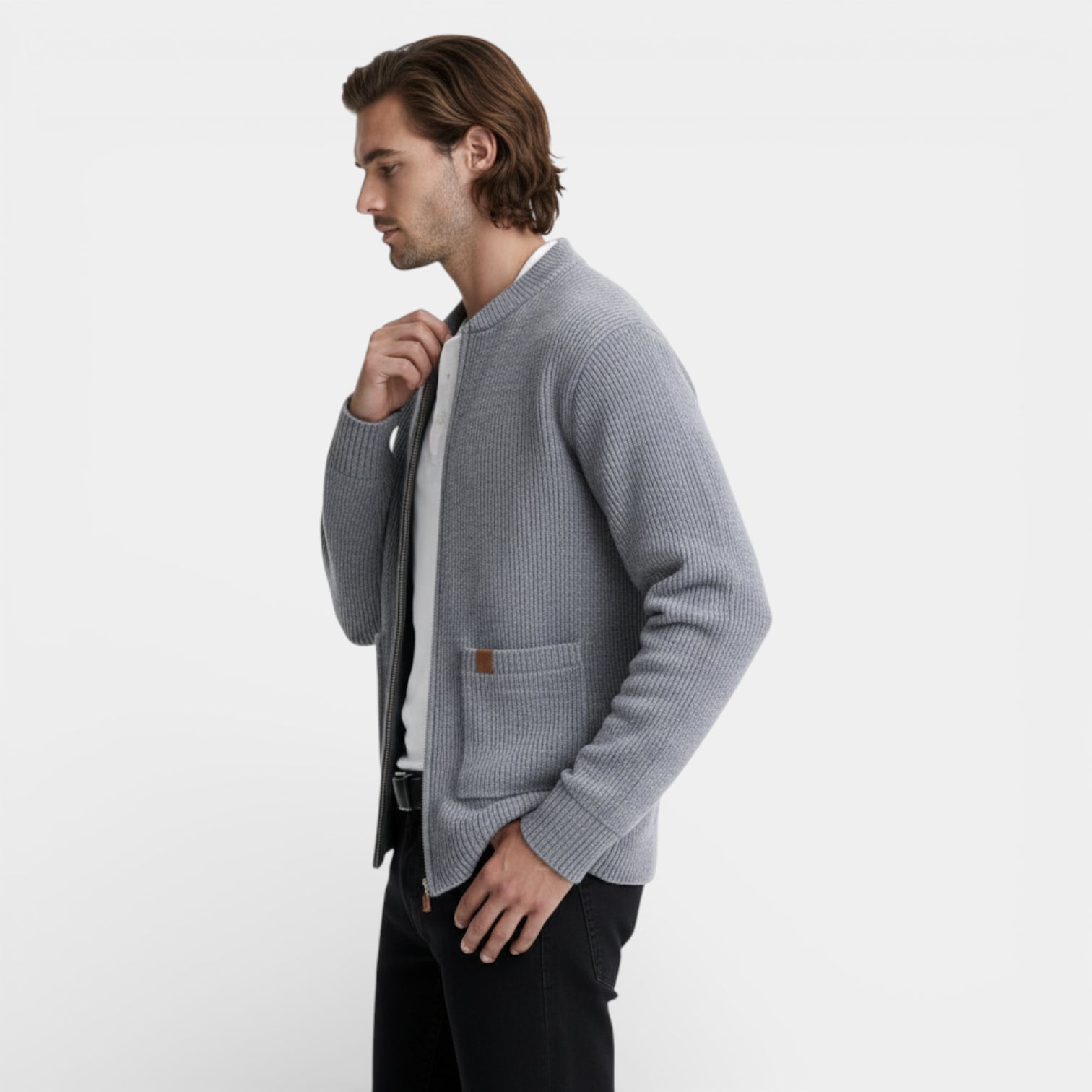 Zip-Up Rib Knit Cardigan Jacket Regular Fit for Men