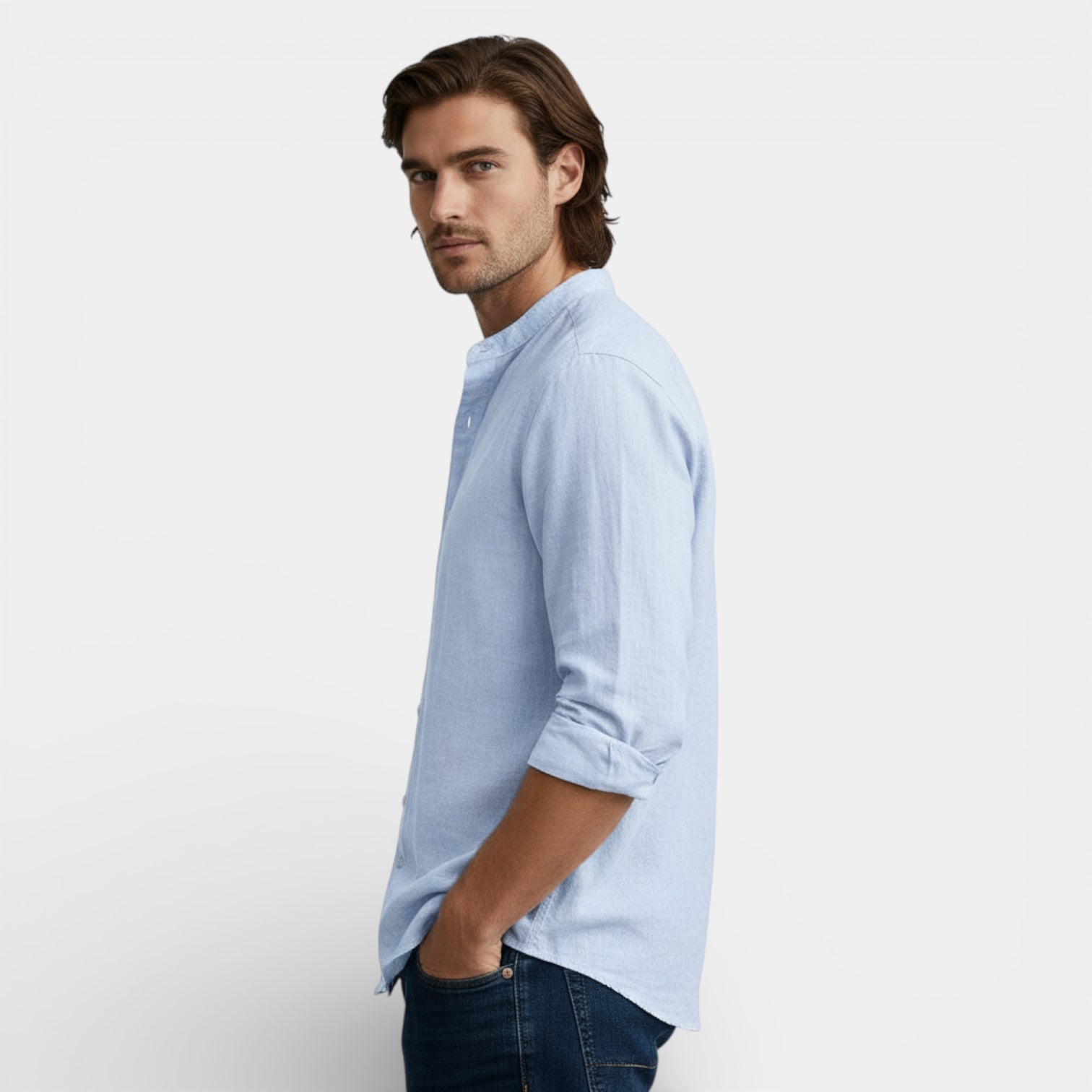 Button-Up Stand Collar Shirt Regular Fit for Men