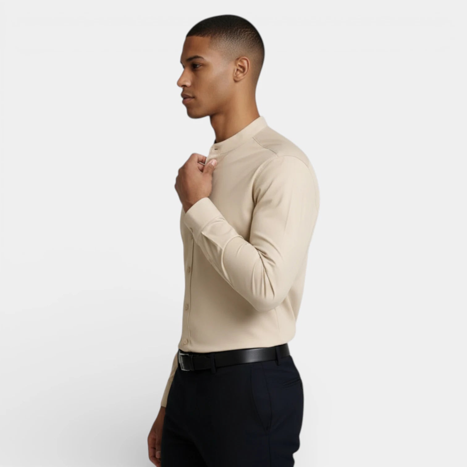Band Collar Button-Up Shirt Long Sleeve for Men