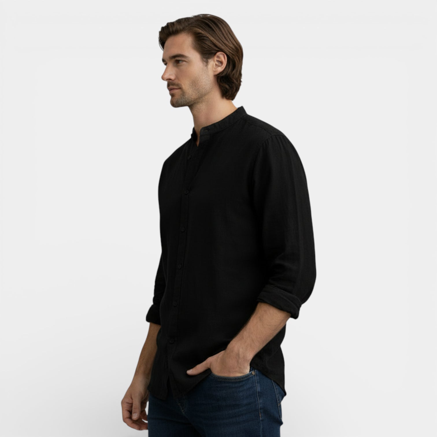 Button-Up Stand Collar Shirt Regular Fit for Men