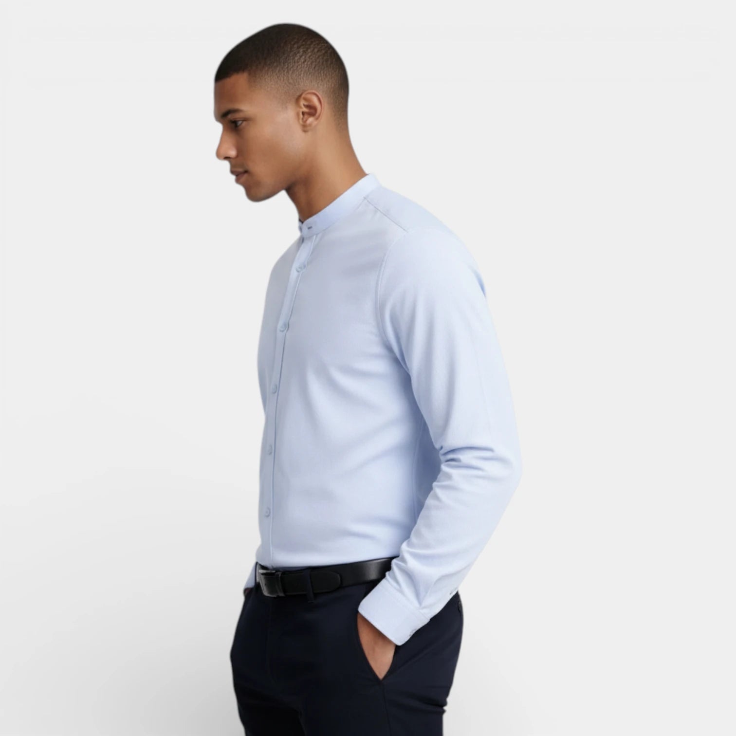 Band Collar Button-Up Shirt Long Sleeve for Men