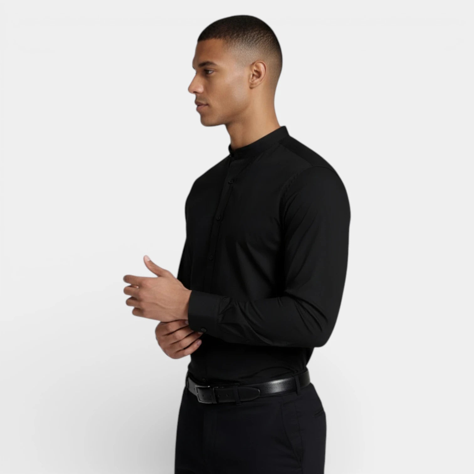 Band Collar Button-Up Shirt Long Sleeve for Men
