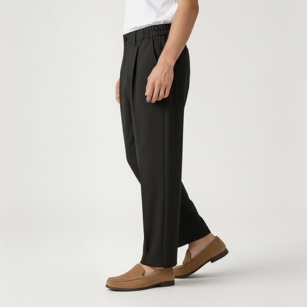 Pleated Front Straight Leg Trousers Elastic Waist for Men