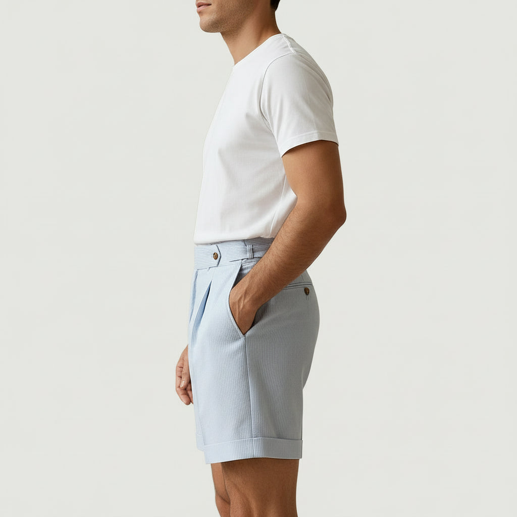Pleated Shorts Striped Texture Side Adjuster Relaxed Fit for Men